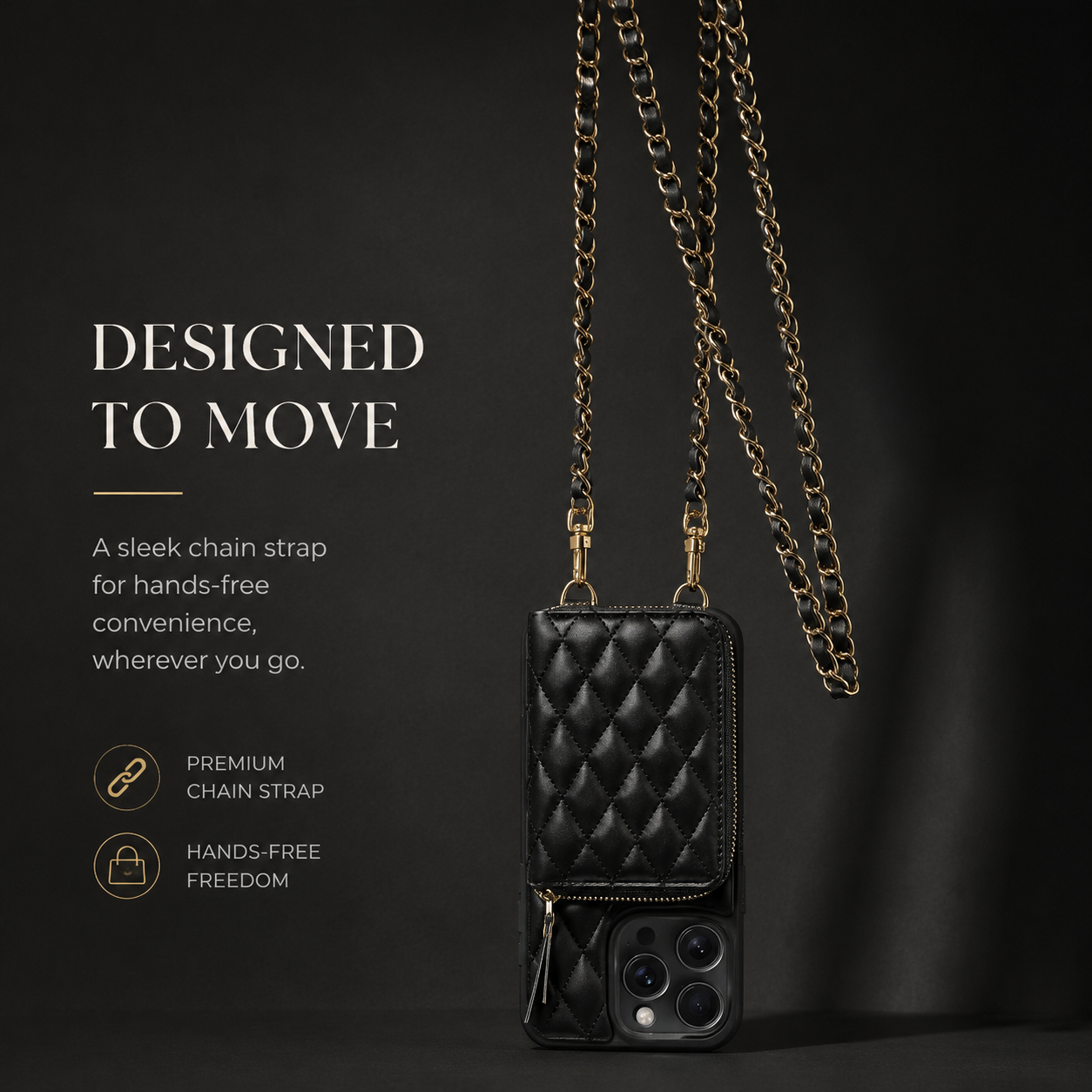 Premium iPhone Case Wallet Cover Card Holder Crossbody Chain Strap Shockproof Protective Cover Leather Design Non Slip Grip