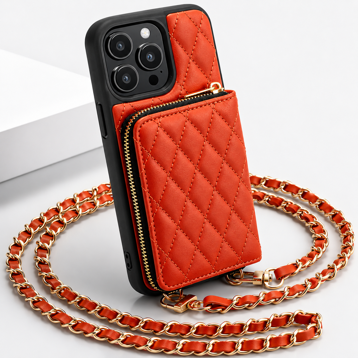 Premium iPhone Case Wallet Cover Card Holder Crossbody Chain Strap Shockproof Protective Cover Leather Non Slip Design