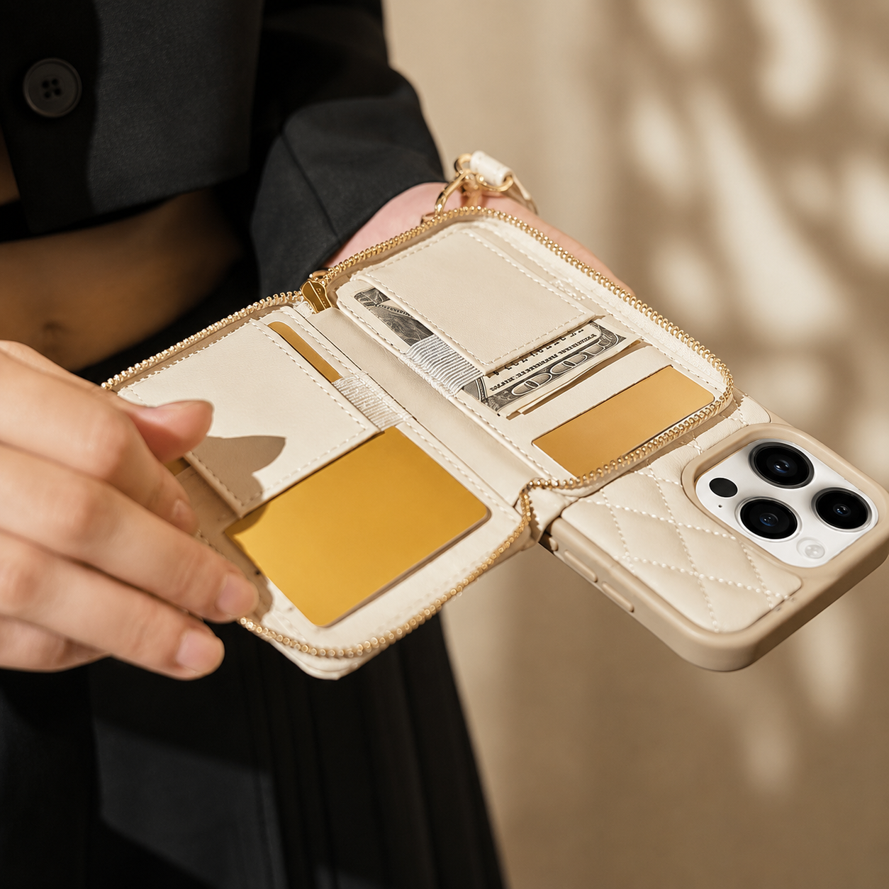 Premium iPhone Case Wallet Cover Card Holder Crossbody Chain Strap Shockproof Protective Cover Leather Non Slip Design