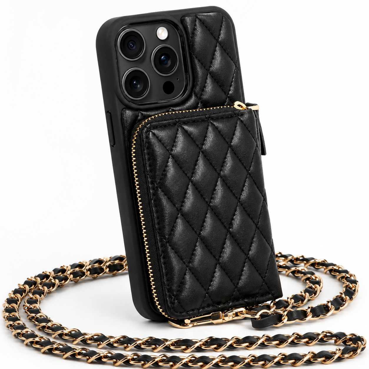 Premium iPhone Case Wallet Cover Card Holder Crossbody Chain Strap Shockproof Protective Cover Leather Non Slip Design