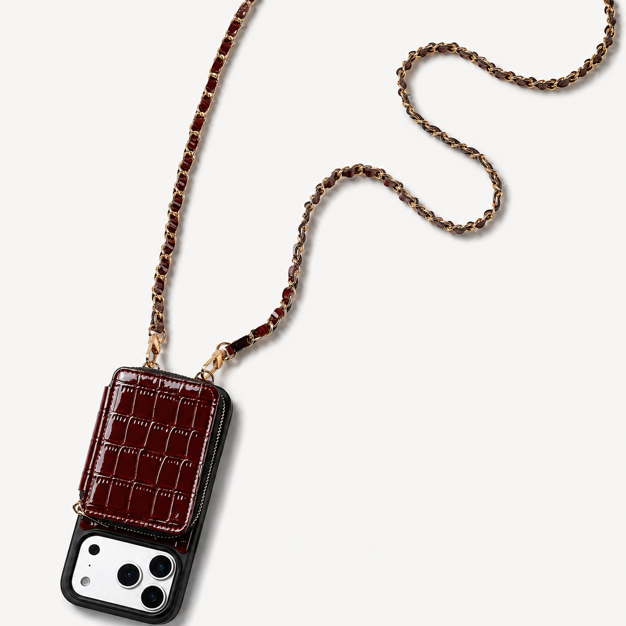 Premium iPhone Case Wallet Cover Card Holder Crossbody Strap Anti Fingerprint Protective Cover Crocodile Leather Design