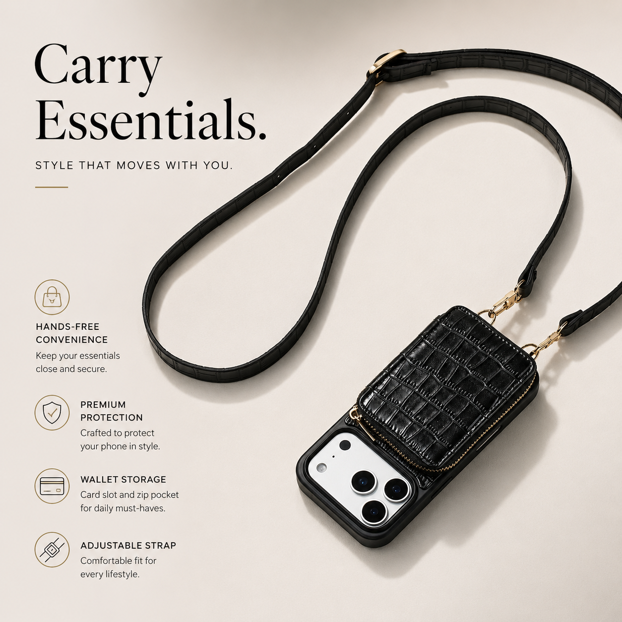 Premium iPhone Case Wallet Cover Card Holder Crossbody Strap Anti Fingerprint Protective Cover Crocodile Leather Design
