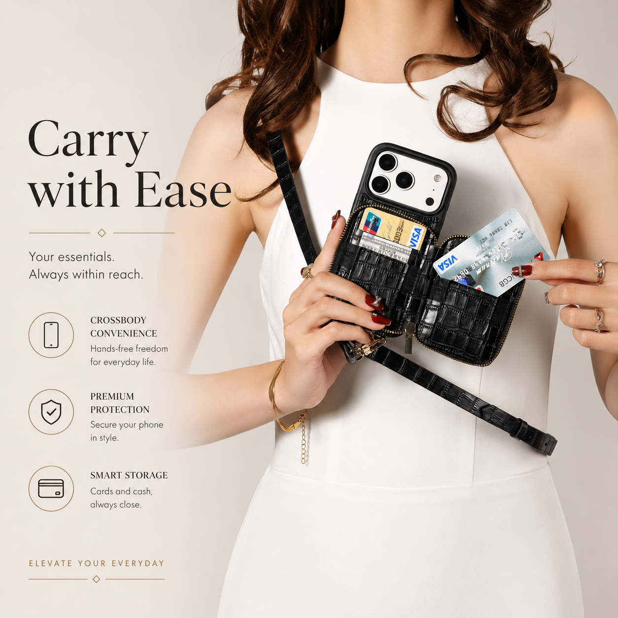 Premium iPhone Case Wallet Cover Card Holder Crossbody Strap Anti Fingerprint Protective Cover Crocodile Leather Design