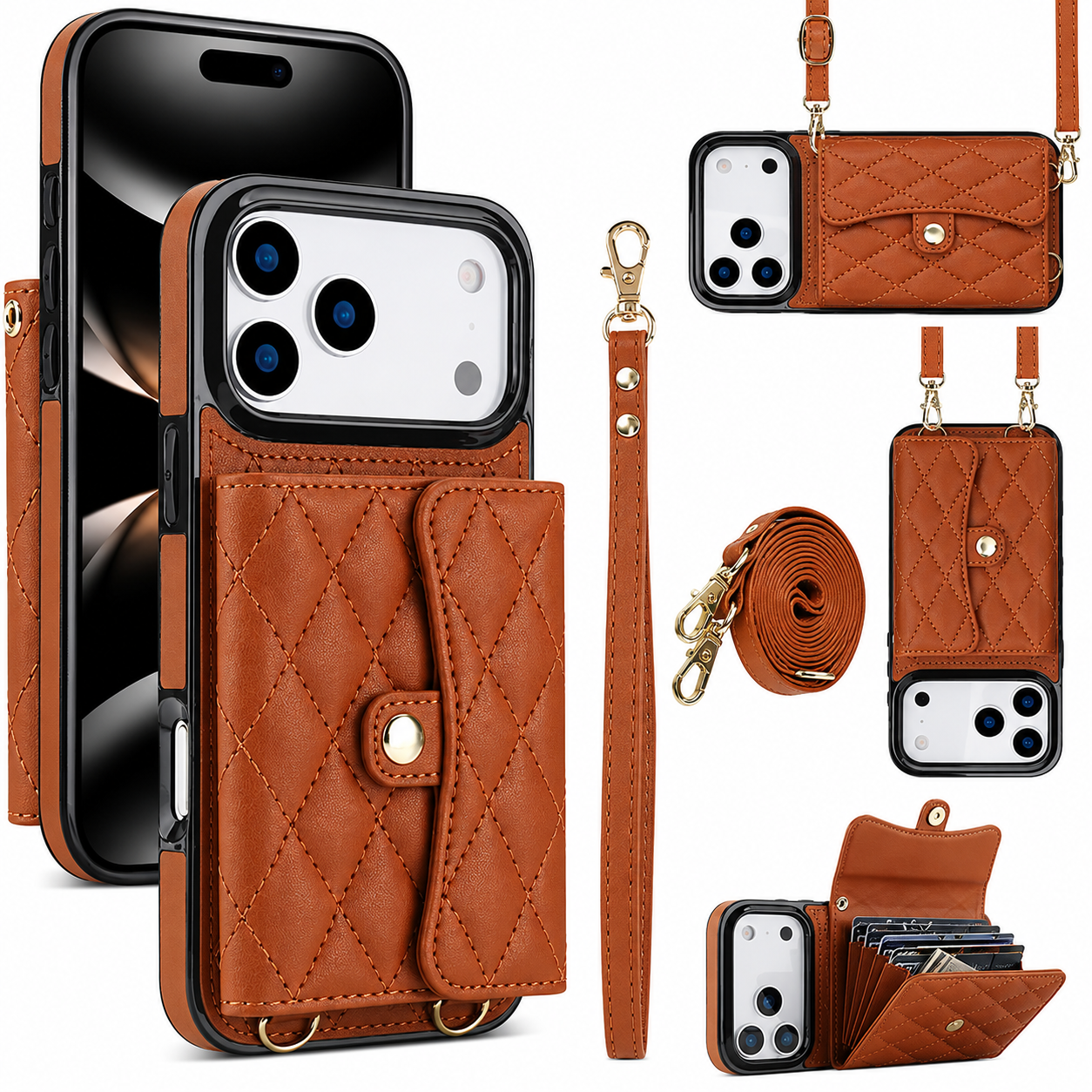 Premium iPhone Case Wallet Cover Card Holder Crossbody Strap Coin Pocket Shockproof Protective Cover Leather Storage Design