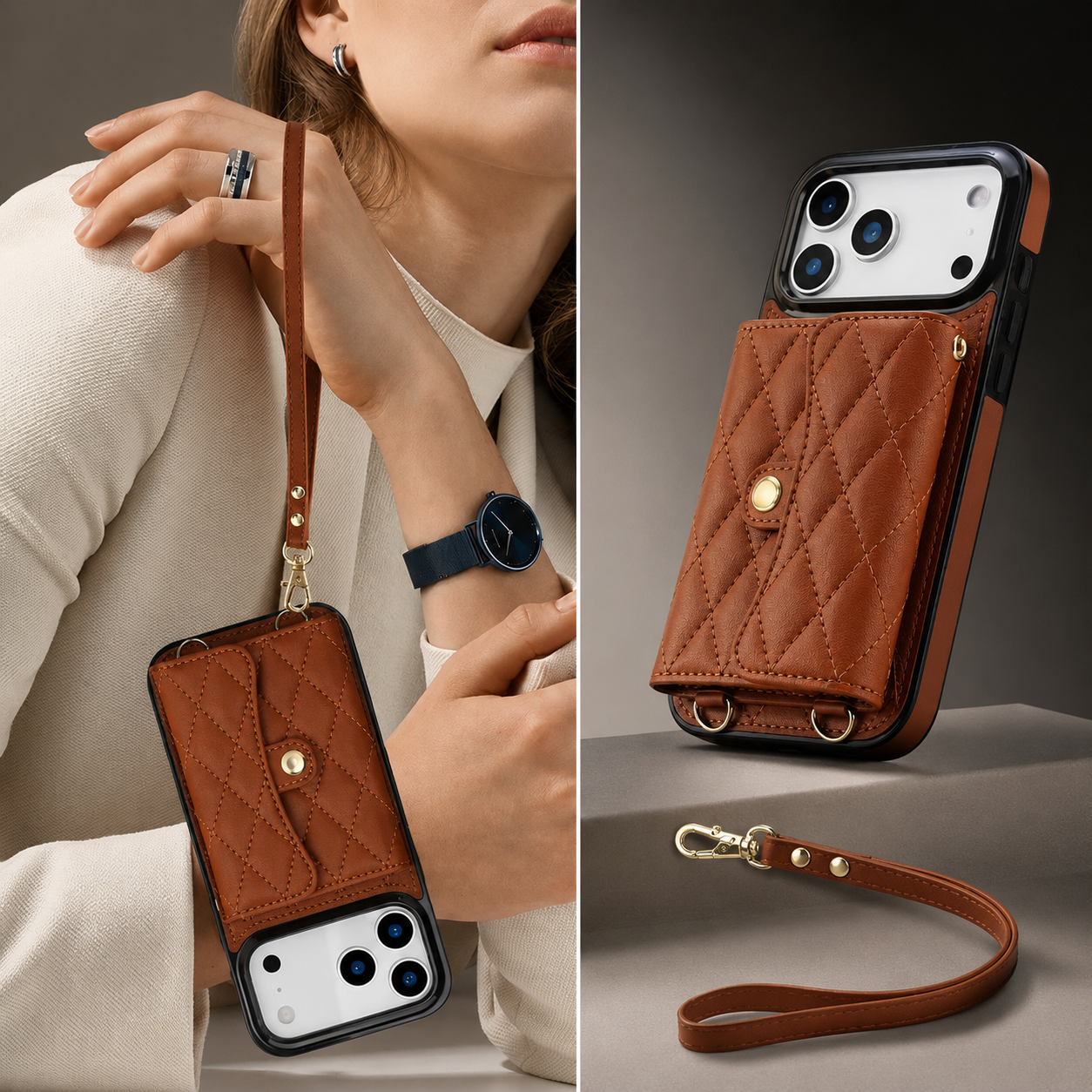 Premium iPhone Case Wallet Cover Card Holder Crossbody Strap Coin Pocket Shockproof Protective Cover Leather Storage Design