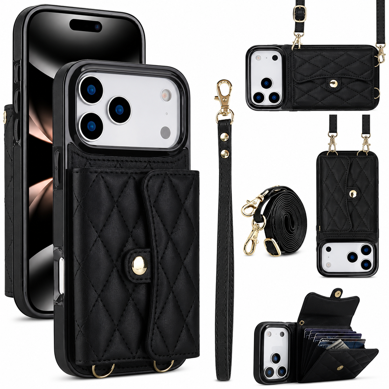 Premium iPhone Case Wallet Cover Card Holder Crossbody Strap Coin Pocket Shockproof Protective Cover Leather Storage Design