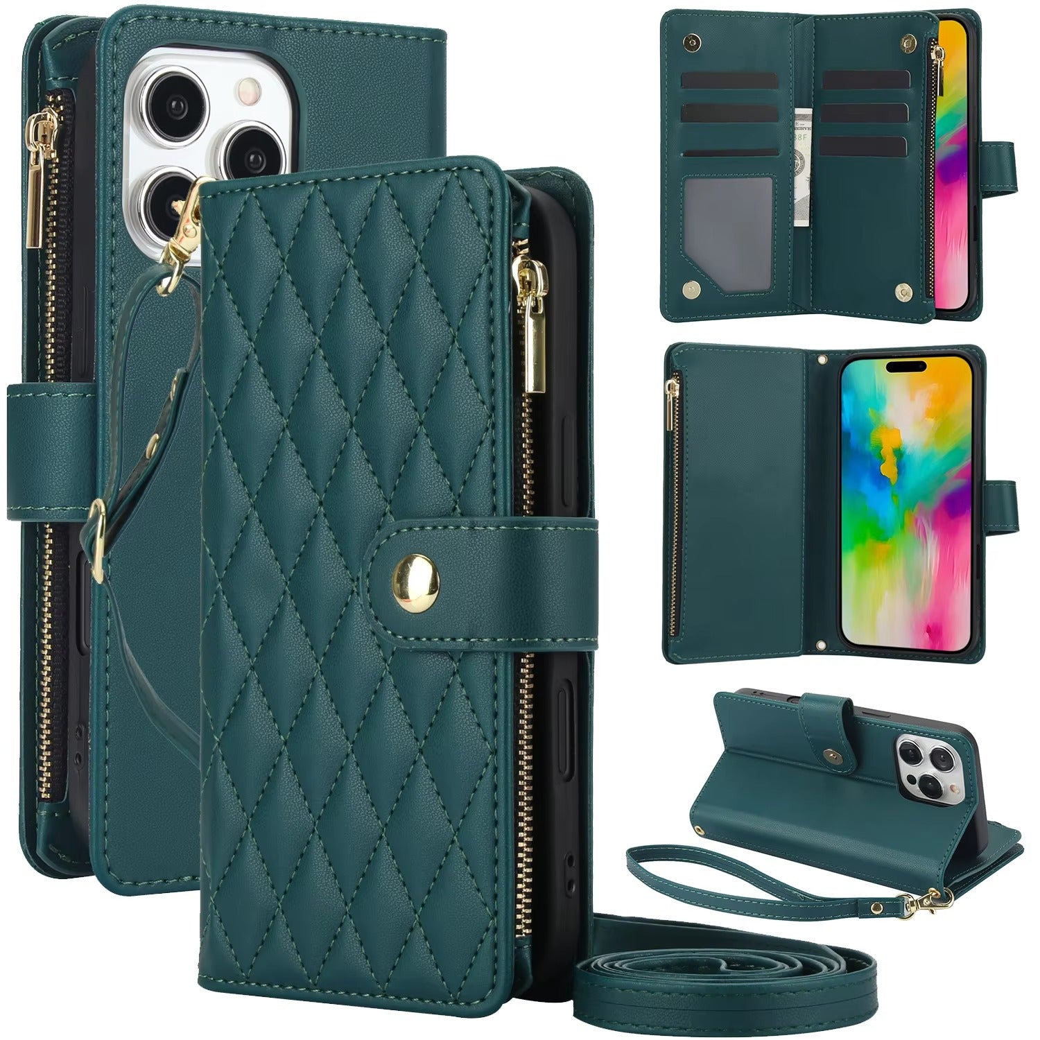 Premium iPhone Case Wallet Cover Card Holder Leather Flip Case Magnetic Closure Shockproof Protective Design Zipper Storage Chain Strap Kickstand Holder