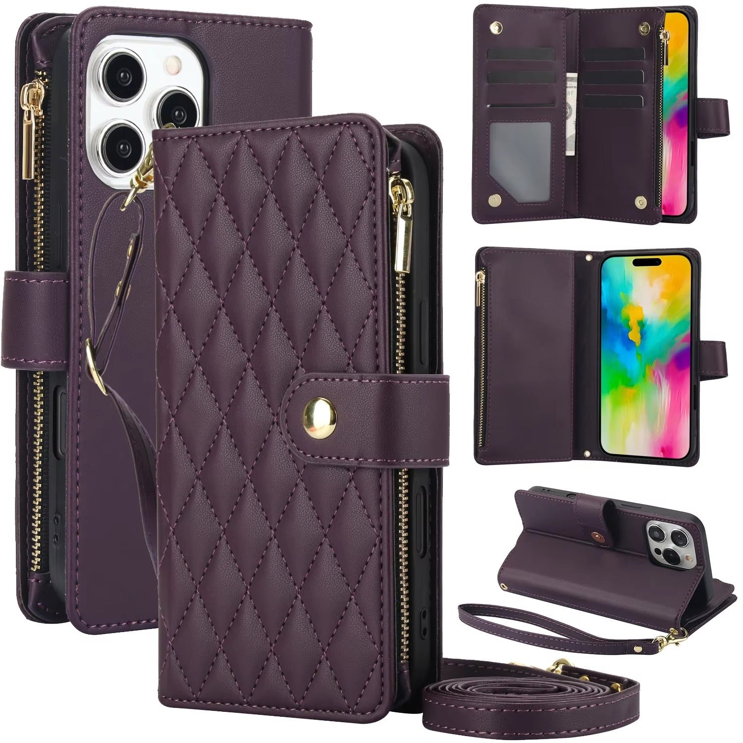 Premium iPhone Case Wallet Cover Card Holder Leather Flip Case Magnetic Closure Shockproof Protective Design Zipper Storage Chain Strap Kickstand Holder