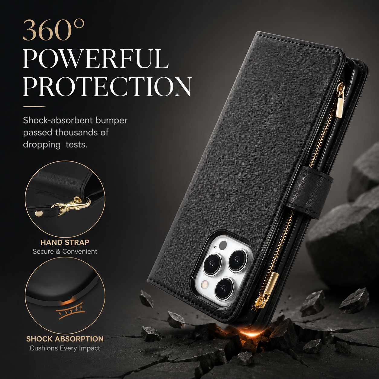 Premium iPhone Case Wallet Cover Card Holder Leather Flip Case Magnetic Closure Shockproof Protective Design Zipper Storage Chain Strap Kickstand Holder