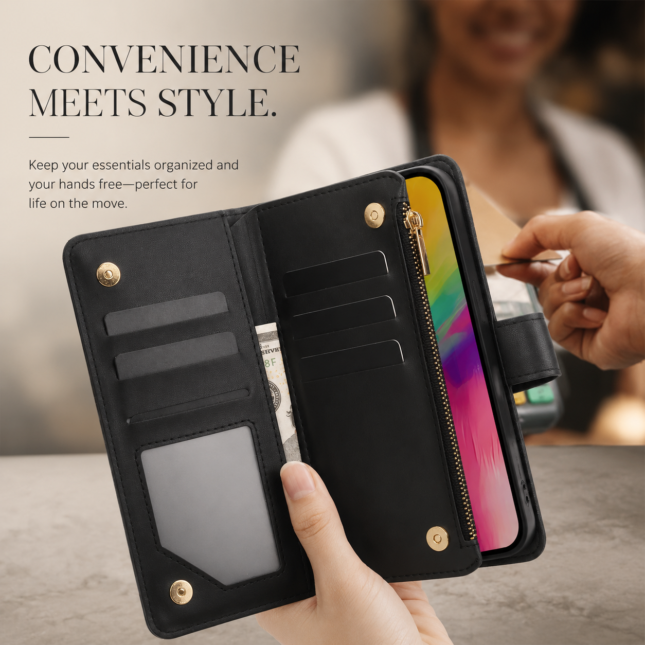 Premium iPhone Case Wallet Cover Card Holder Leather Flip Case Magnetic Closure Shockproof Protective Design Zipper Storage Chain Strap Kickstand Holder