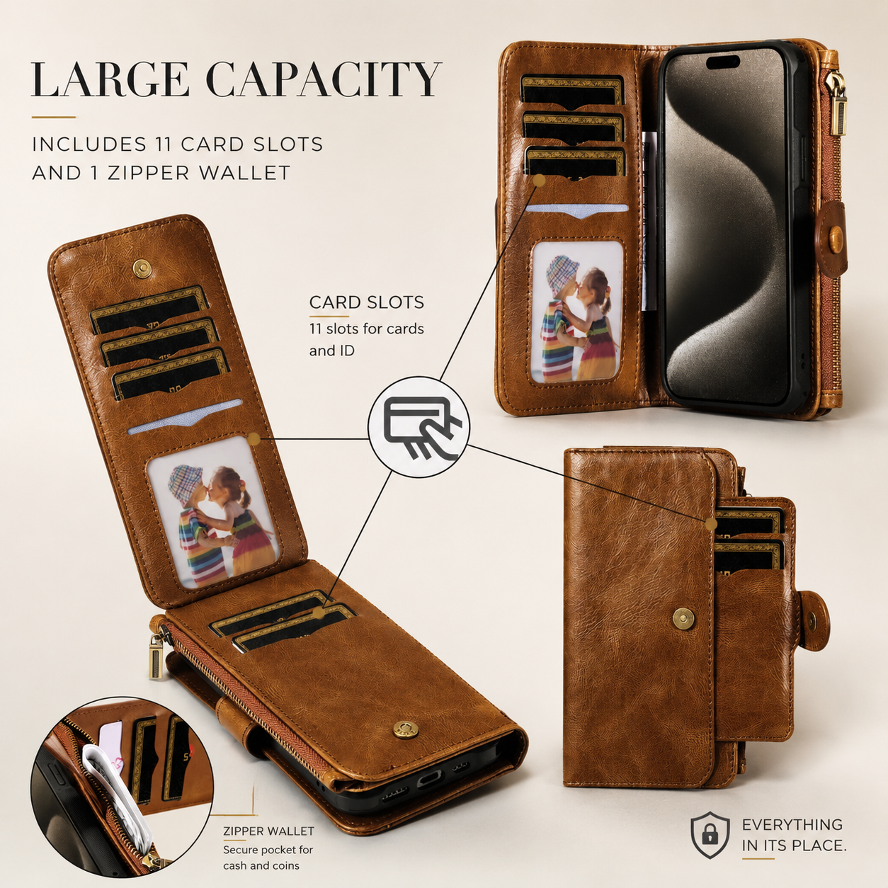 Premium iPhone Case Wallet Cover Card Holder PU Leather Zipper Closure Shockproof Protective Case Anti Fingerprint Non Slip Detachable Design