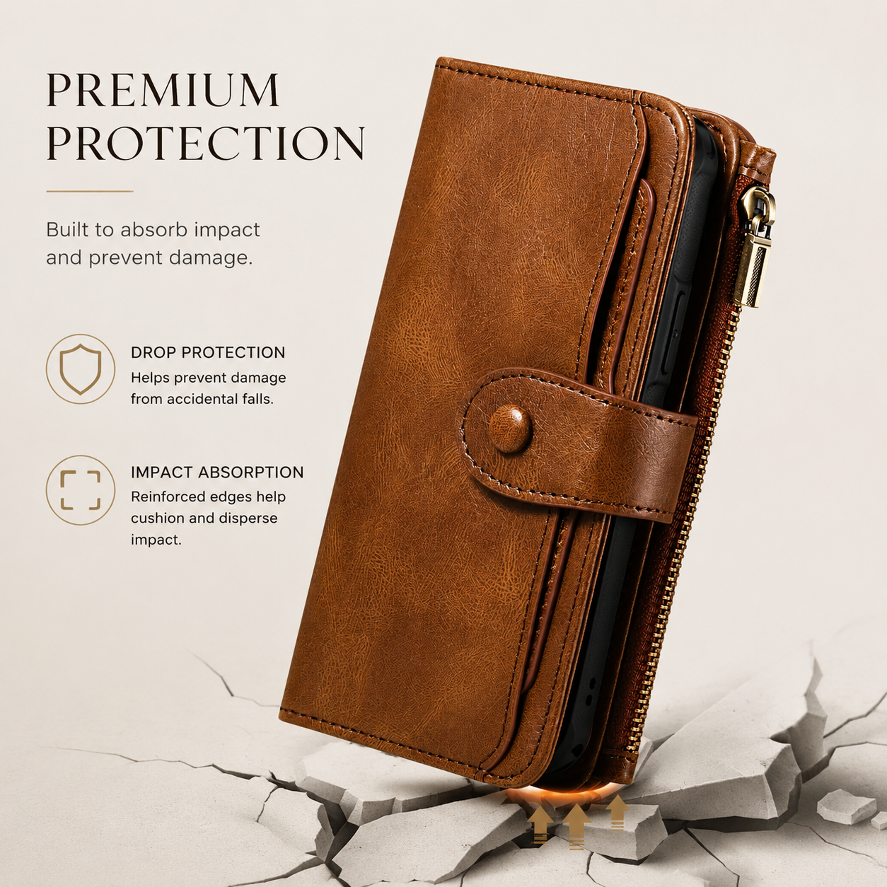 Premium iPhone Case Wallet Cover Card Holder PU Leather Zipper Closure Shockproof Protective Case Anti Fingerprint Non Slip Detachable Design