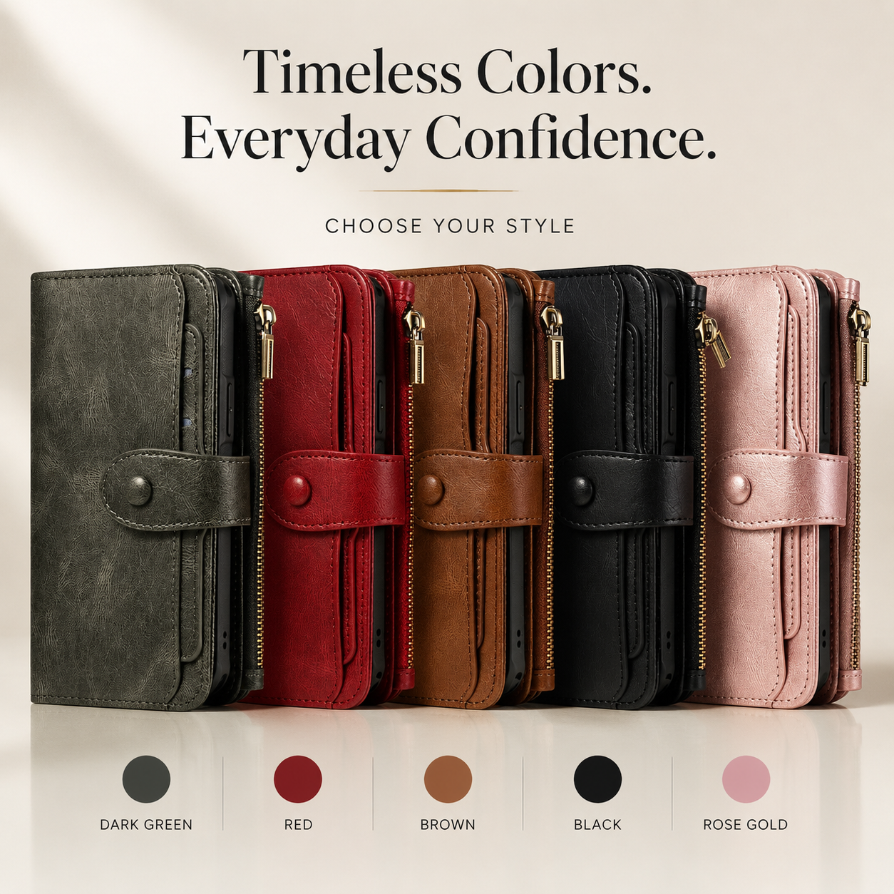 Premium iPhone Case Wallet Cover Card Holder PU Leather Zipper Closure Shockproof Protective Case Anti Fingerprint Non Slip Detachable Design