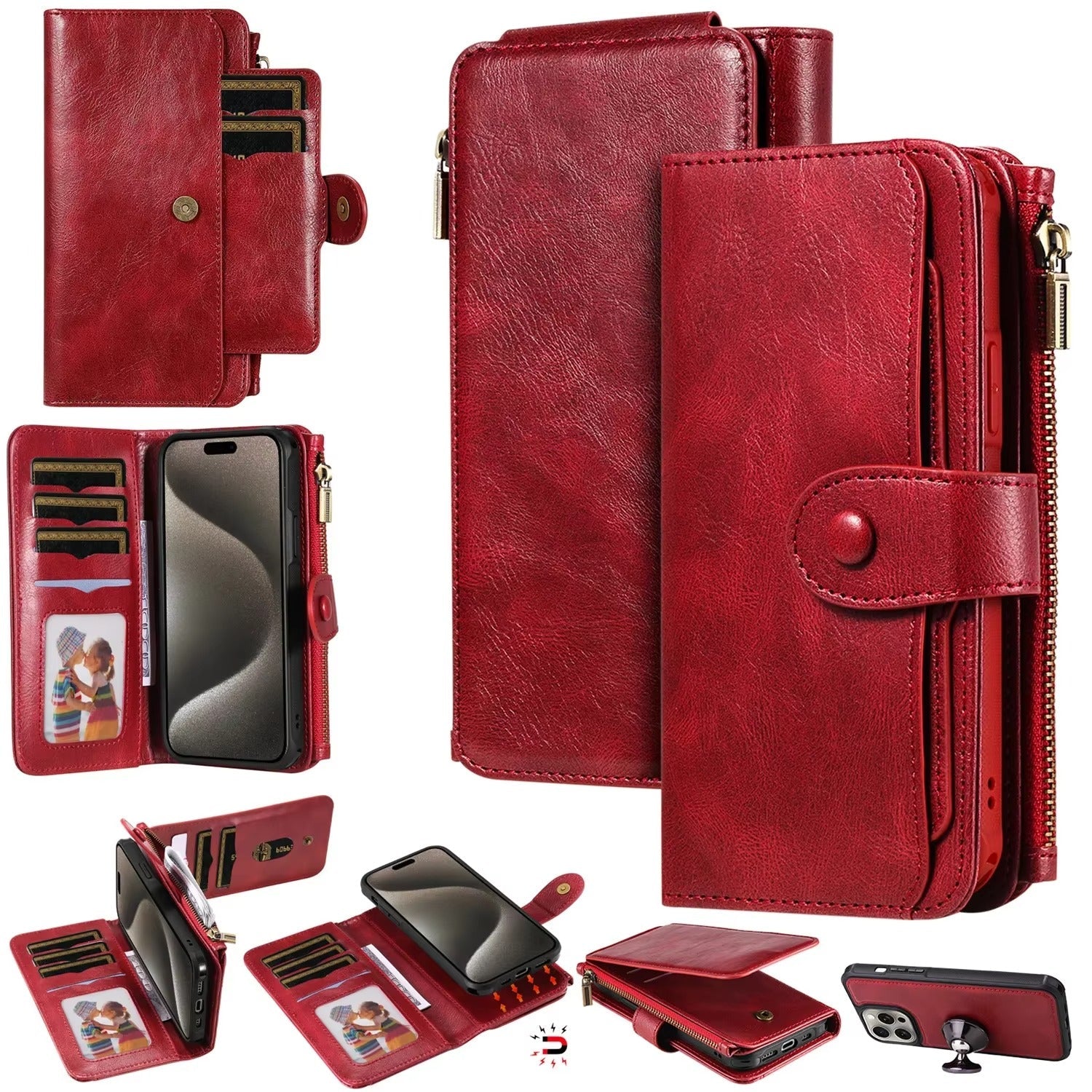 Premium iPhone Case Wallet Cover Card Holder PU Leather Zipper Closure Shockproof Protective Case Anti Fingerprint Non Slip Detachable Design