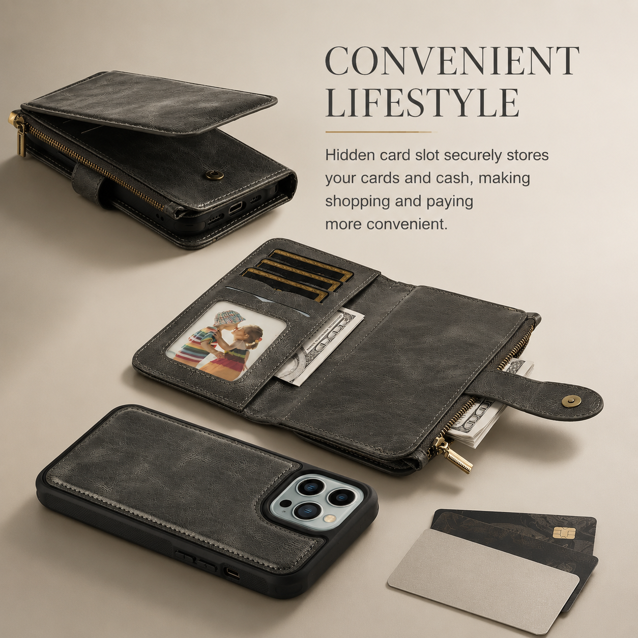 Premium iPhone Case Wallet Cover Card Holder PU Leather Zipper Closure Shockproof Protective Case Anti Fingerprint Non Slip Detachable Design