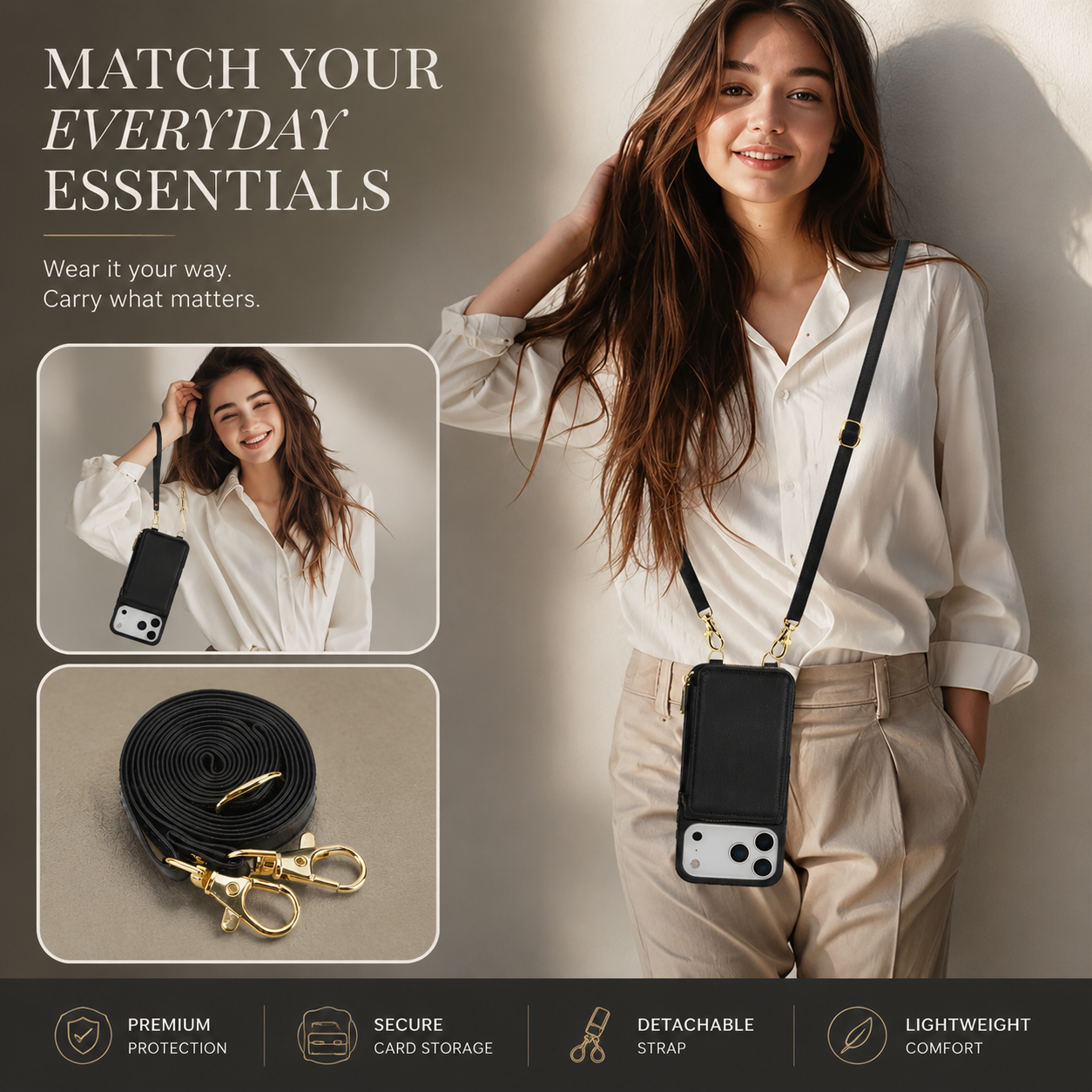 Premium iPhone Case Wallet Cover Card Holder RFID Protection Crossbody Strap Flip Protective Cover Shockproof Leather Design