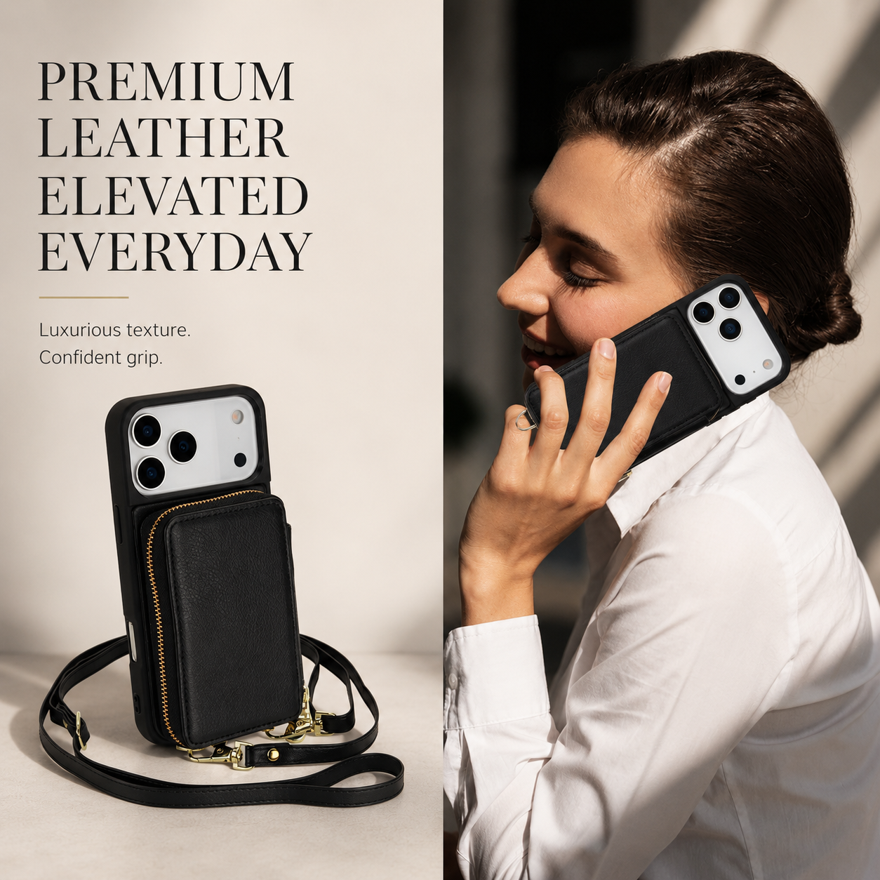 Premium iPhone Case Wallet Cover Card Holder RFID Protection Crossbody Strap Flip Protective Cover Shockproof Leather Design