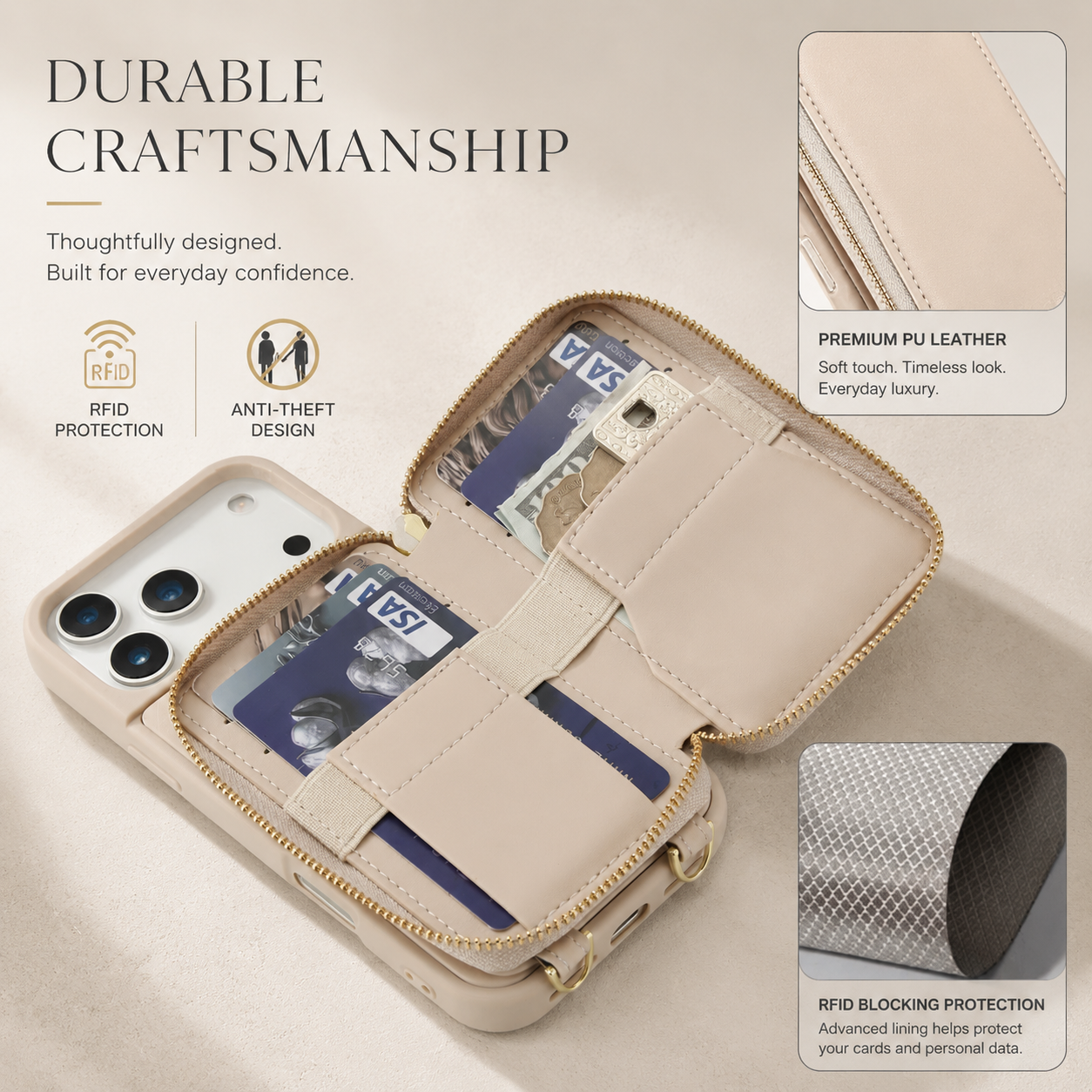 Premium iPhone Case Wallet Cover Card Holder RFID Protection Crossbody Strap Flip Protective Cover Shockproof Leather Design