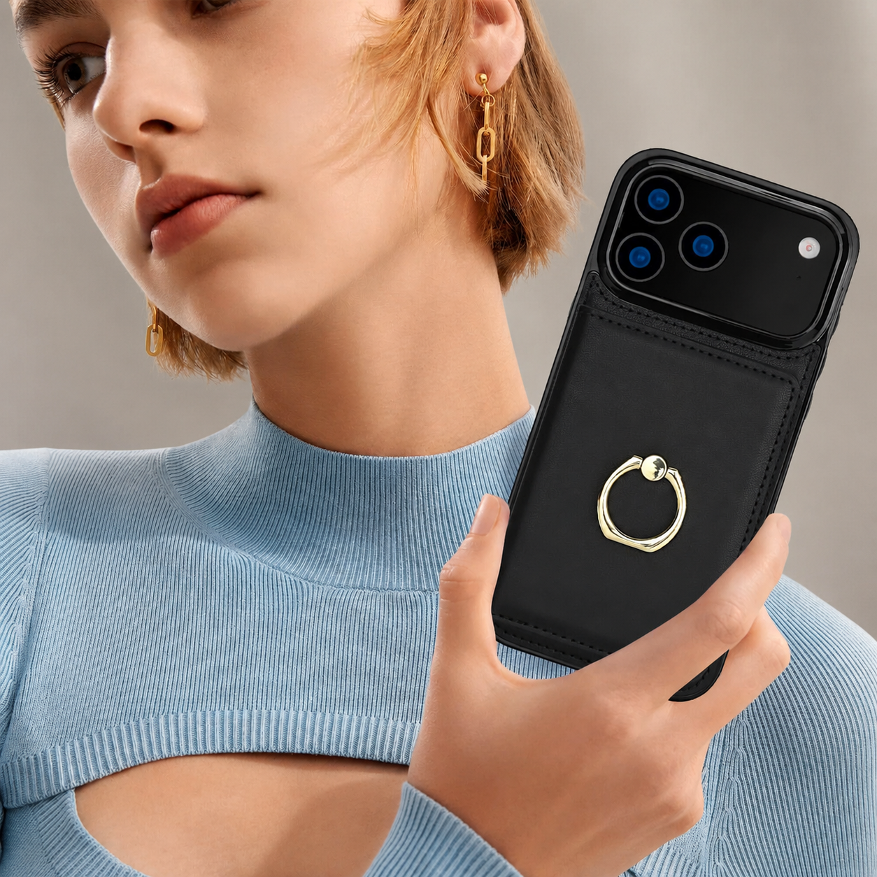 Premium iPhone Case Wallet Cover Card Holder Shockproof PU Leather Case 360 Degree Rotating Ring Kickstand Magnetic Clasp Full Coverage Protective Design