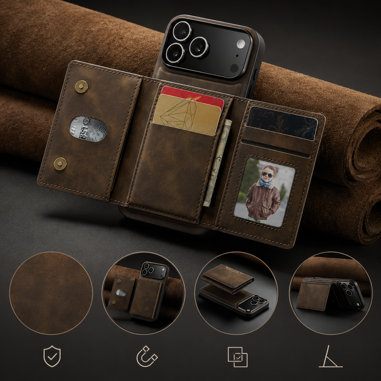 Premium iPhone Case Wallet Cover Card Holder Shockproof Protective Cover Magnetic Closure Kickstand Leather Design