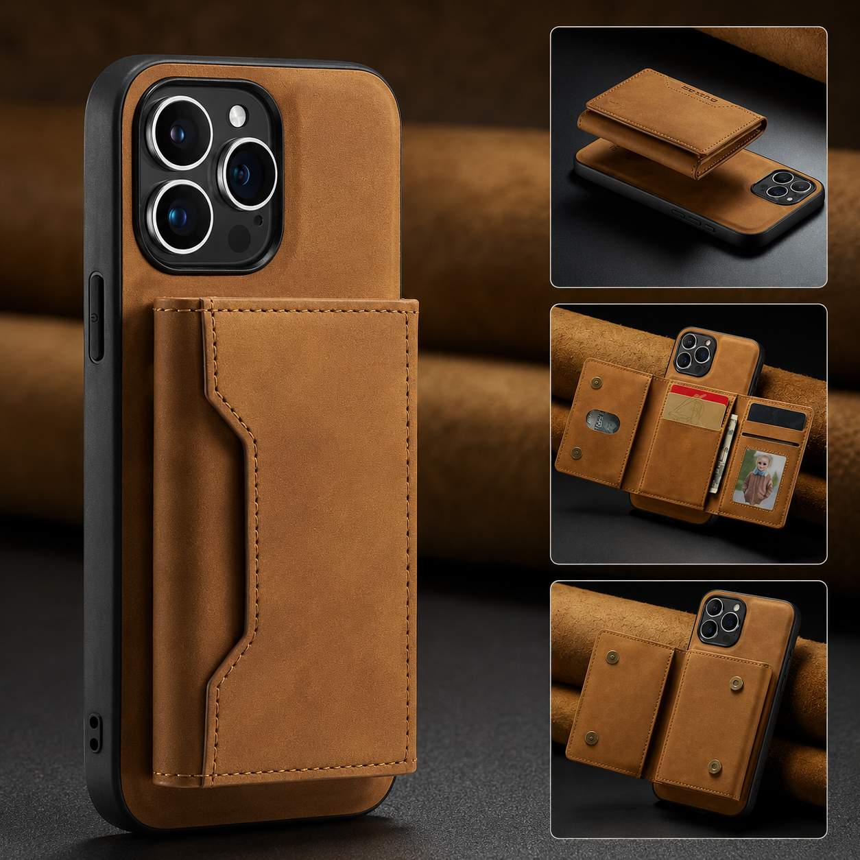 Premium iPhone Case Wallet Cover Card Holder Shockproof Protective Cover Magnetic Closure Kickstand Leather Design