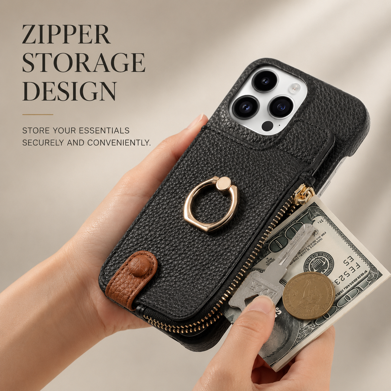 Premium iPhone Case Wallet Cover Card Holder Shockproof Protective Cover Ring Kickstand Magnetic Closure Zipper Storage Design