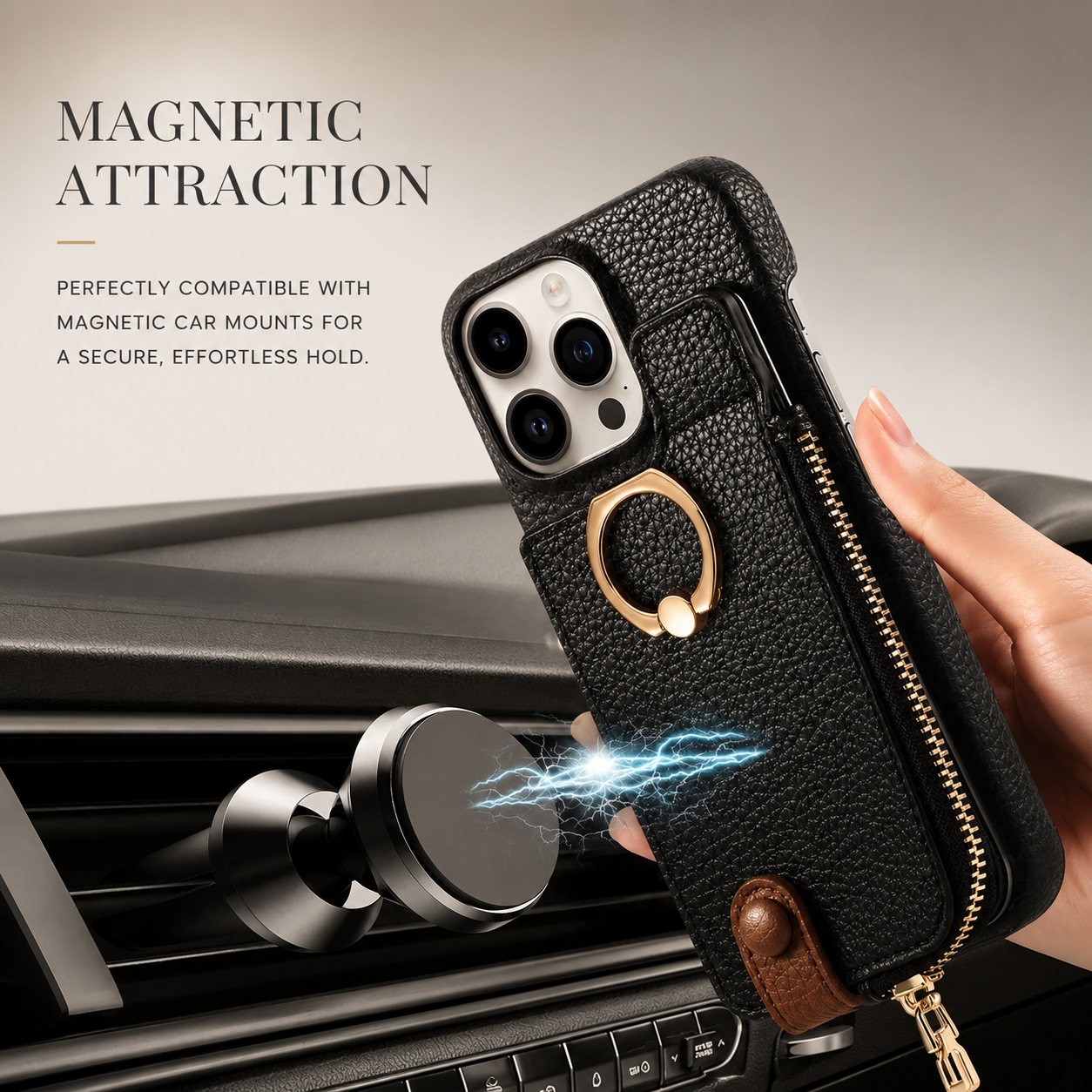 Premium iPhone Case Wallet Cover Card Holder Shockproof Protective Cover Ring Kickstand Magnetic Closure Zipper Storage Design