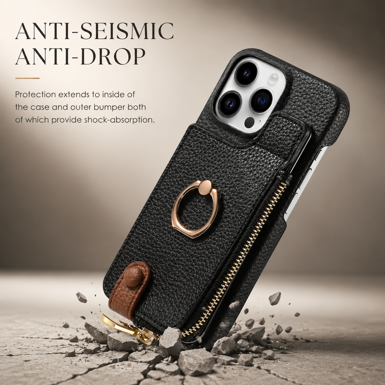 Premium iPhone Case Wallet Cover Card Holder Shockproof Protective Cover Ring Kickstand Magnetic Closure Zipper Storage Design