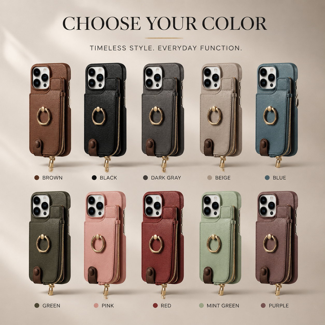 Premium iPhone Case Wallet Cover Card Holder Shockproof Protective Cover Ring Kickstand Magnetic Closure Zipper Storage Design