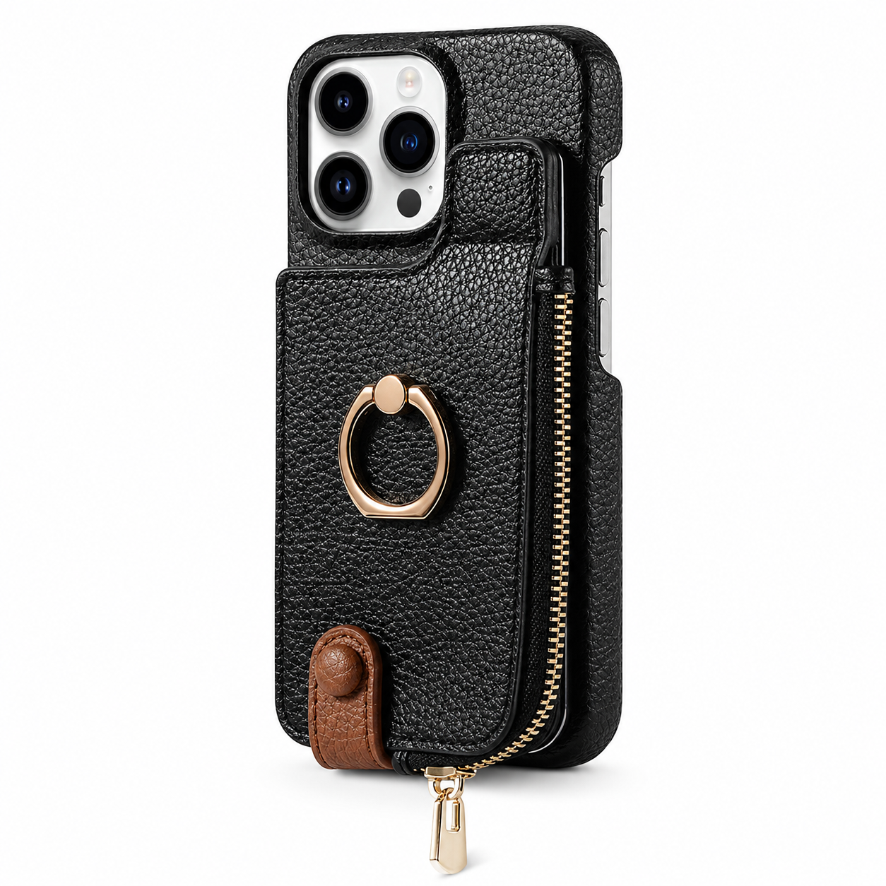 Premium iPhone Case Wallet Cover Card Holder Shockproof Protective Cover Ring Kickstand Magnetic Closure Zipper Storage Design