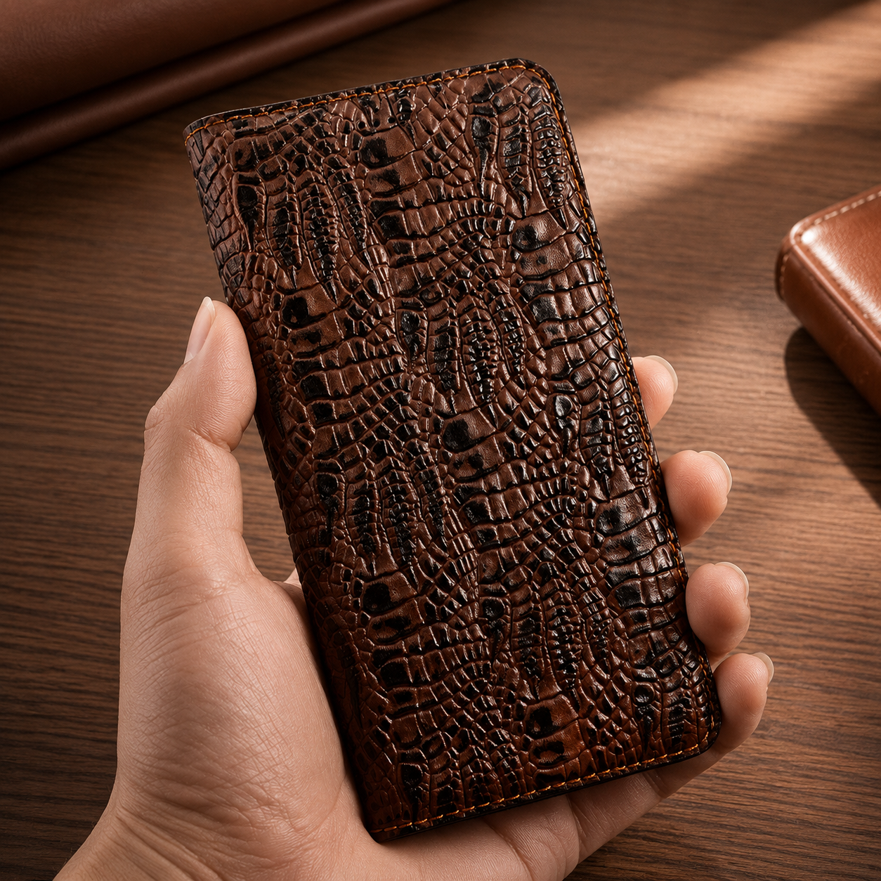 Premium iPhone Case Wallet Cover Genuine Leather Card Holder Flip Protective Cover Non Slip Full Coverage Crocodile Texture Design