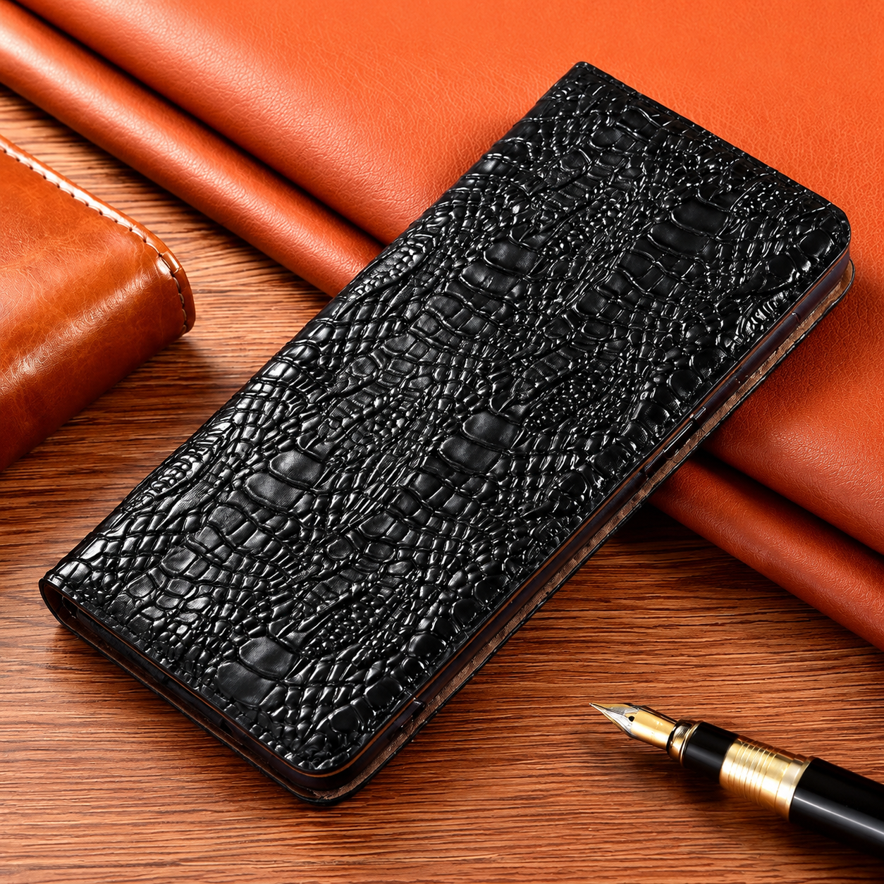 Premium iPhone Case Wallet Cover Genuine Leather Card Holder Flip Protective Cover Non Slip Full Coverage Crocodile Texture Design