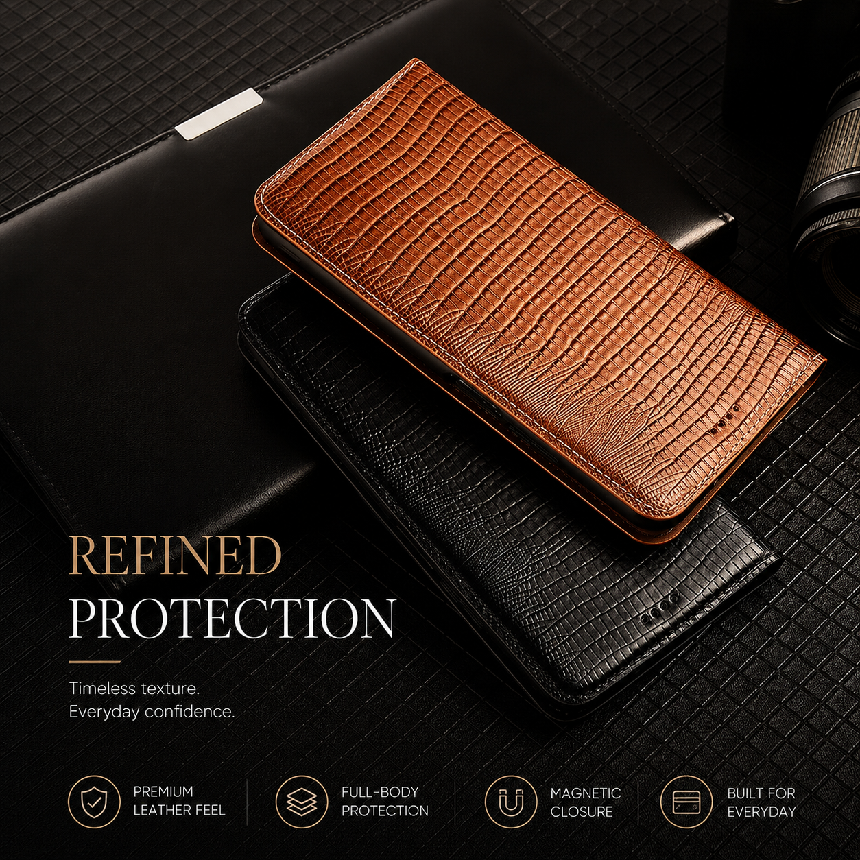 Premium iPhone Case Wallet Cover Genuine Leather Card Holder Shockproof Protective Cover Magnetic Closure Kickstand Design