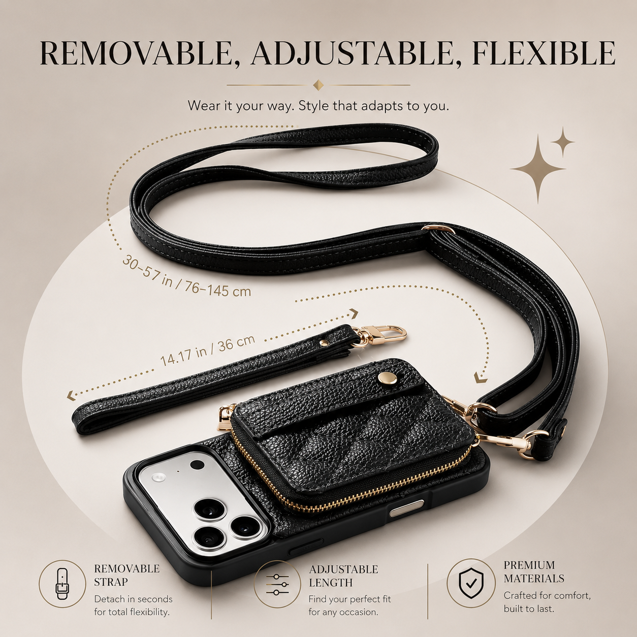 Premium iPhone Case Wallet Cover RFID Protection Card Holder Crossbody Strap Shockproof Protective Cover PU Leather Design
