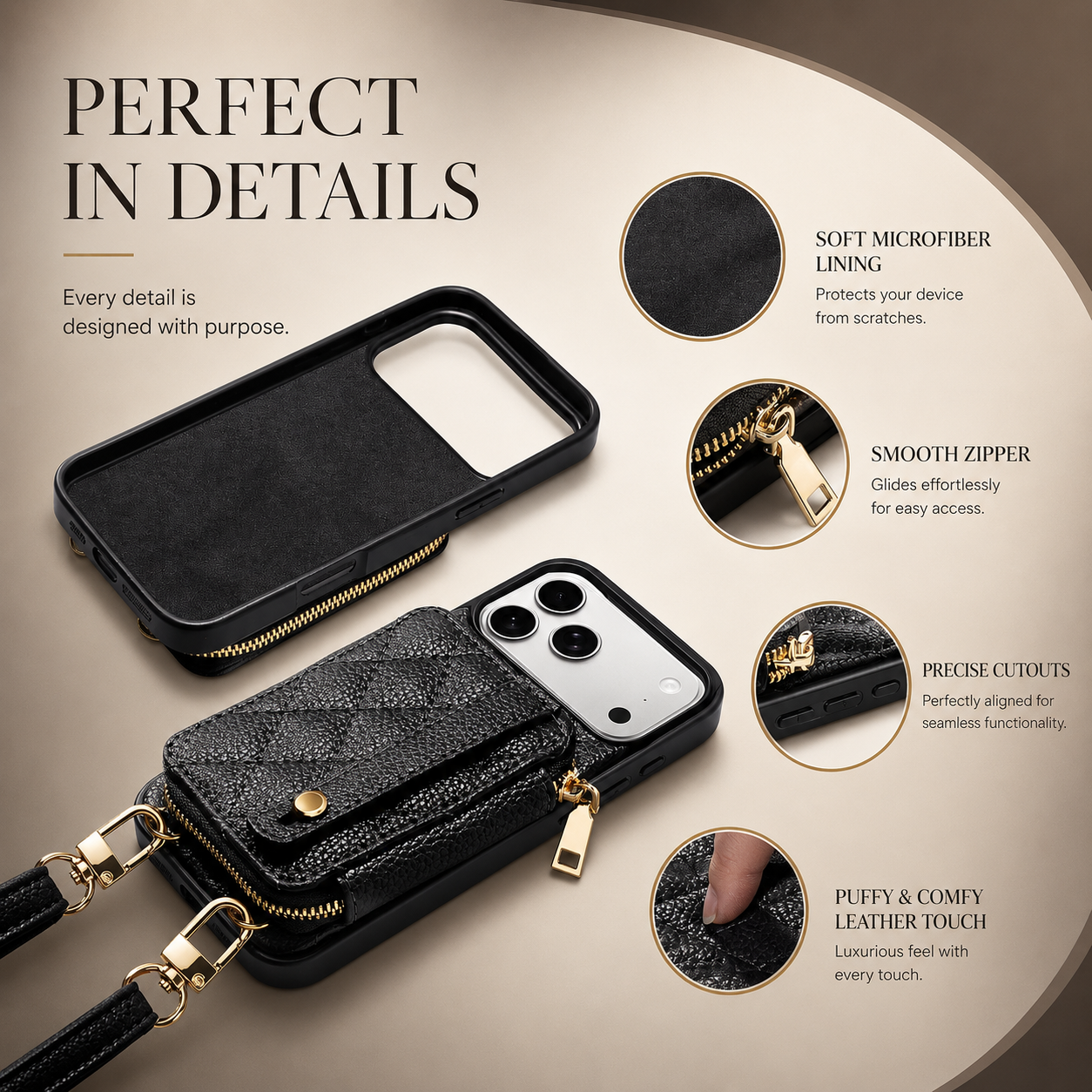 Premium iPhone Case Wallet Cover RFID Protection Card Holder Crossbody Strap Shockproof Protective Cover PU Leather Design