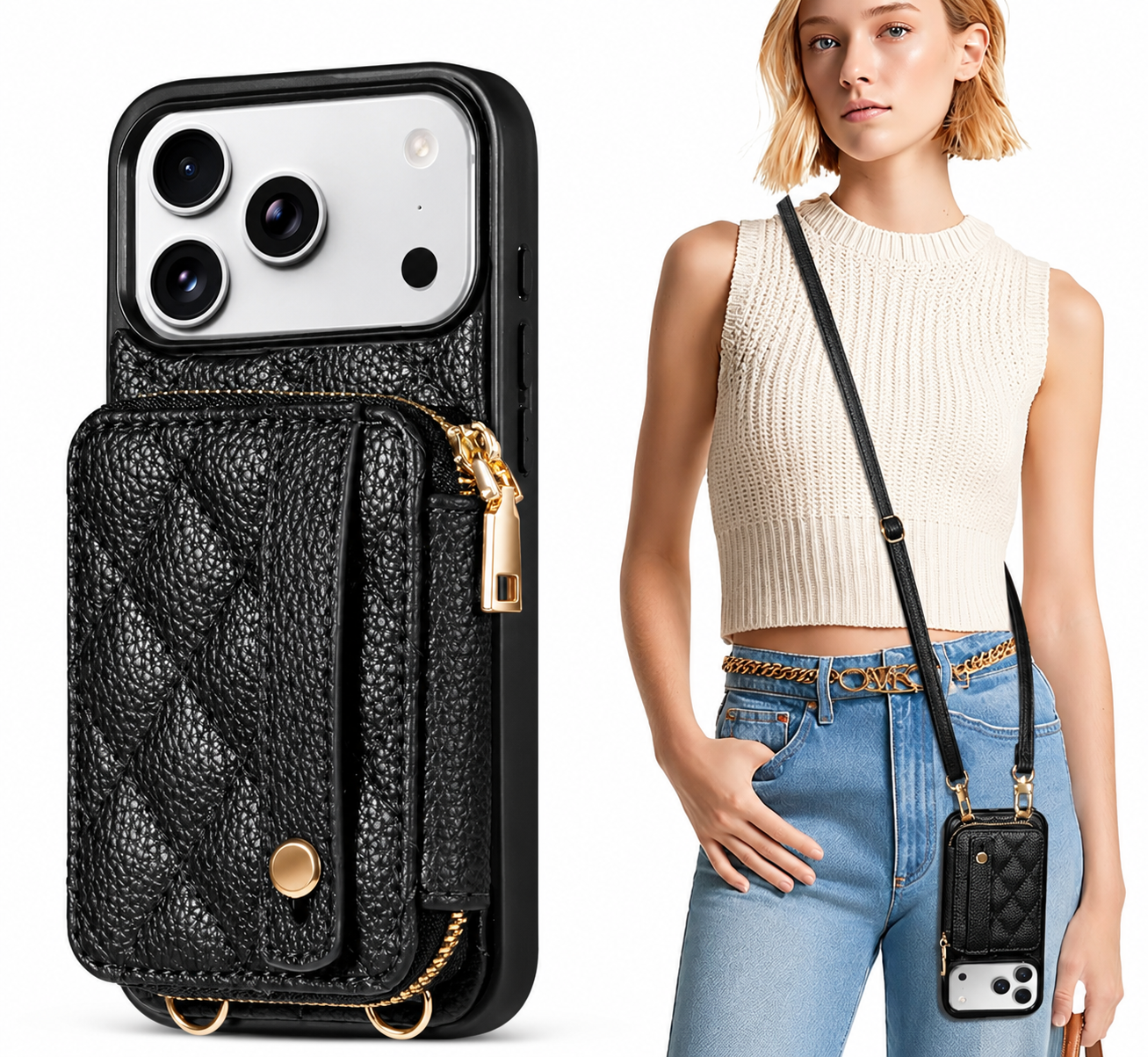 Premium iPhone Case Wallet Cover RFID Protection Card Holder Crossbody Strap Shockproof Protective Cover PU Leather Design