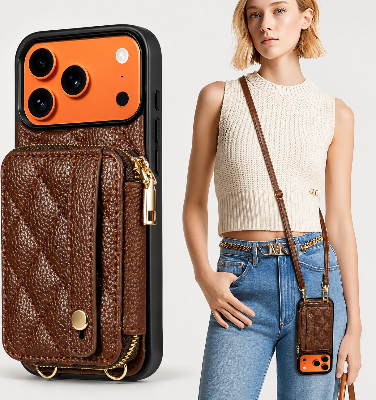 Premium iPhone Case Wallet Cover RFID Protection Card Holder Crossbody Strap Shockproof Protective Cover PU Leather Design