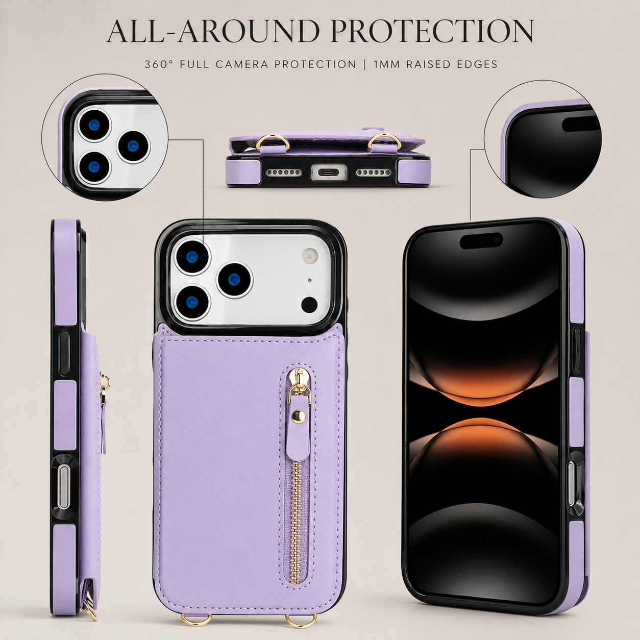 Premium iPhone Case Wallet Cover RFID Protection Card Holder Crossbody Strap Shockproof Protective Cover Zipper Storage Leather Design
