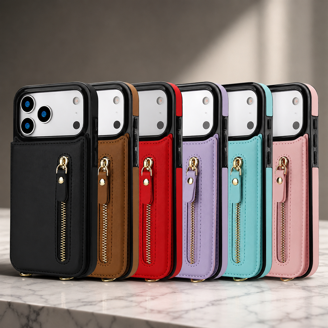 Premium iPhone Case Wallet Cover RFID Protection Card Holder Crossbody Strap Shockproof Protective Cover Zipper Storage Leather Design