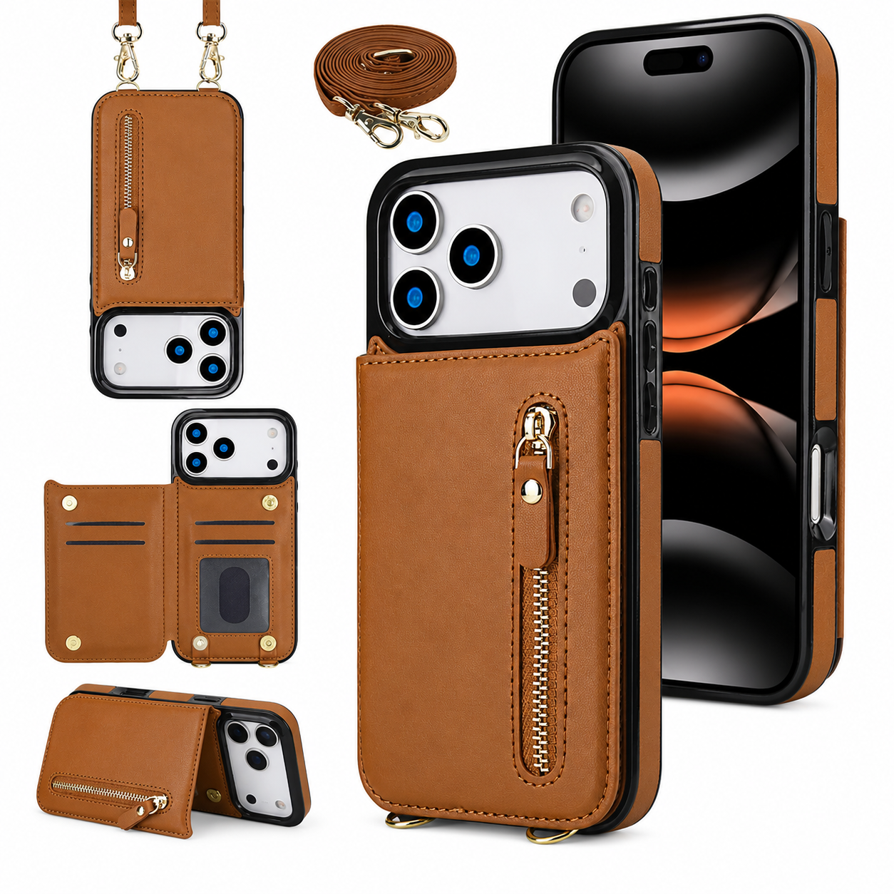 Premium iPhone Case Wallet Cover RFID Protection Card Holder Crossbody Strap Shockproof Protective Cover Zipper Storage Leather Design