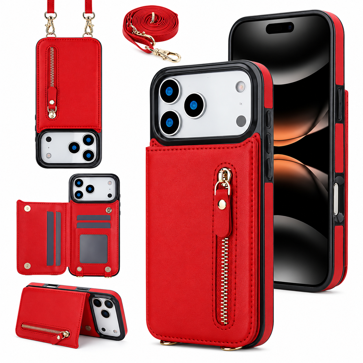 Premium iPhone Case Wallet Cover RFID Protection Card Holder Crossbody Strap Shockproof Protective Cover Zipper Storage Leather Design