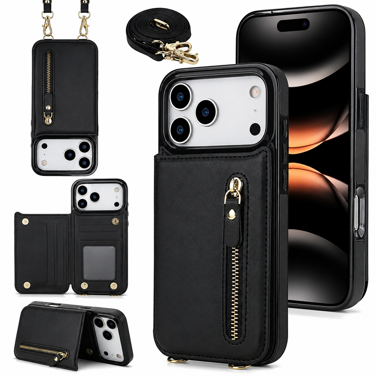 Premium iPhone Case Wallet Cover RFID Protection Card Holder Crossbody Strap Shockproof Protective Cover Zipper Storage Leather Design