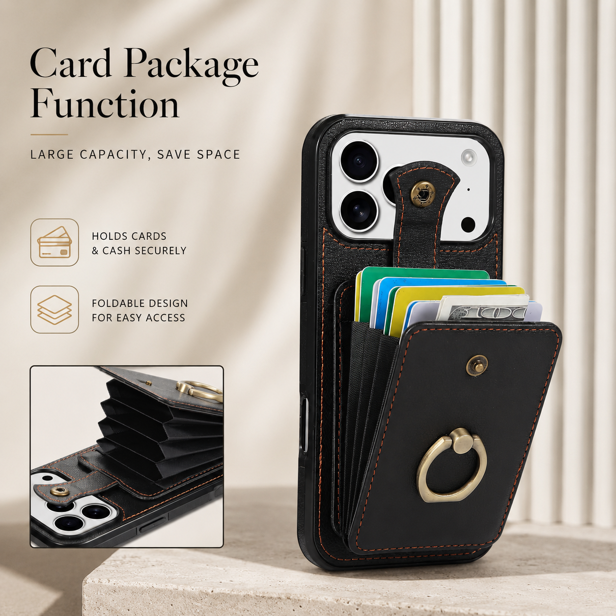 Premium iPhone Case Wallet Cover RFID Protection Card Holder Ring Kickstand Shockproof Protective Cover PU Leather Design