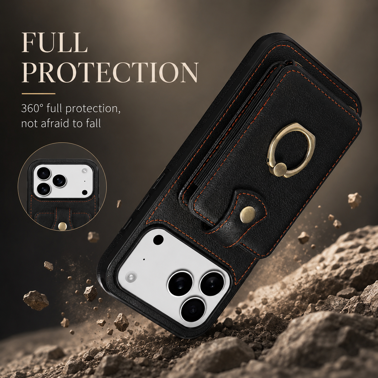 Premium iPhone Case Wallet Cover RFID Protection Card Holder Ring Kickstand Shockproof Protective Cover PU Leather Design