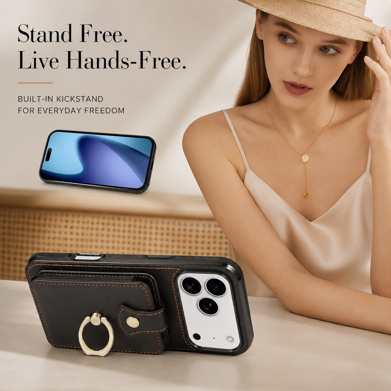 Premium iPhone Case Wallet Cover RFID Protection Card Holder Ring Kickstand Shockproof Protective Cover PU Leather Design