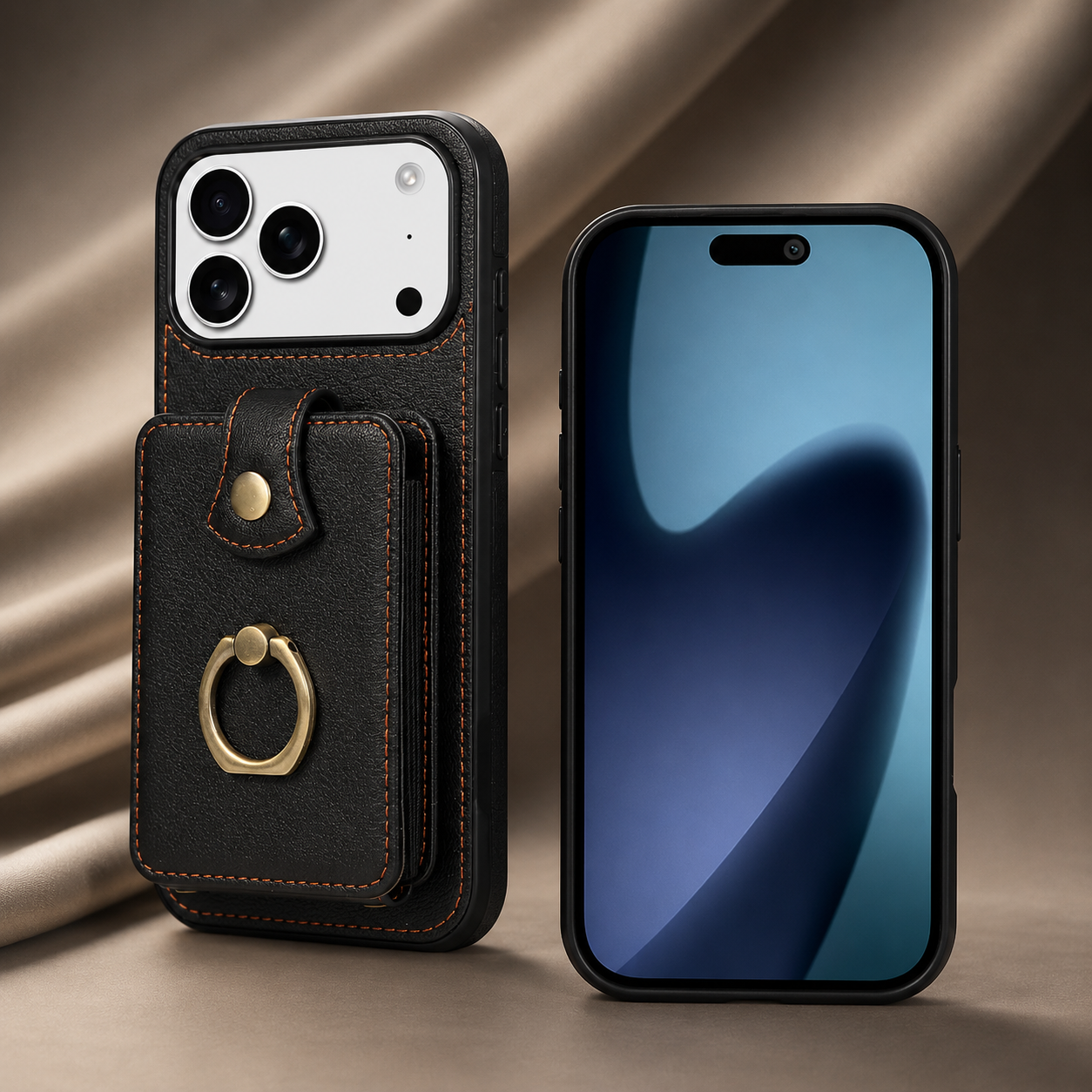 Premium iPhone Case Wallet Cover RFID Protection Card Holder Ring Kickstand Shockproof Protective Cover PU Leather Design