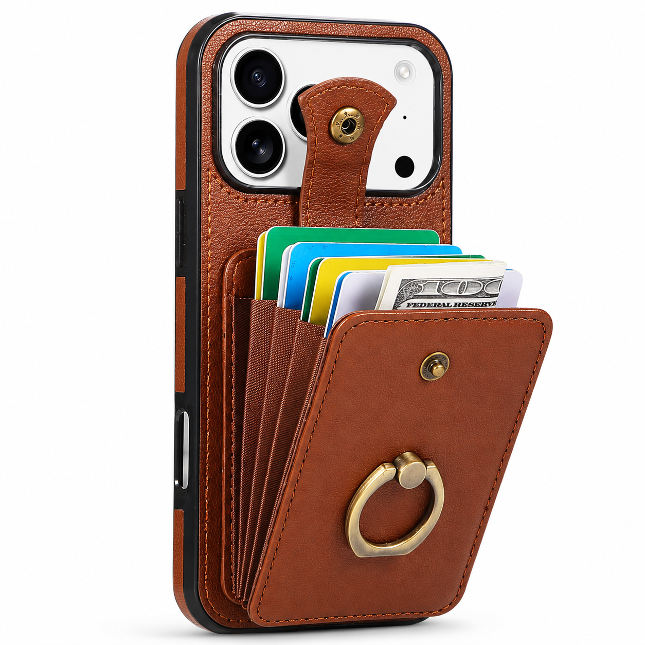 Premium iPhone Case Wallet Cover RFID Protection Card Holder Ring Kickstand Shockproof Protective Cover PU Leather Design