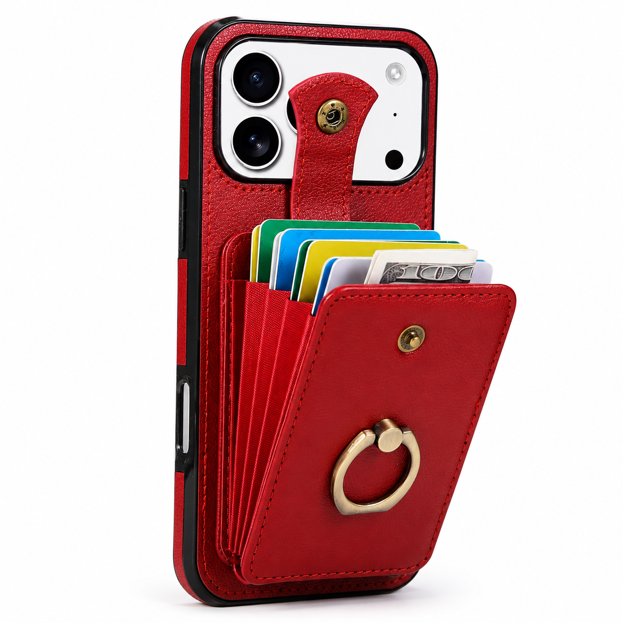 Premium iPhone Case Wallet Cover RFID Protection Card Holder Ring Kickstand Shockproof Protective Cover PU Leather Design