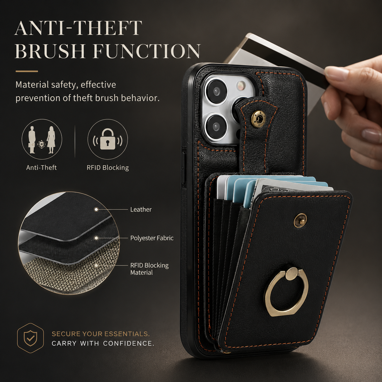 Premium iPhone Case Wallet Cover RFID Protection Card Holder Ring Kickstand Shockproof Protective Cover PU Leather Design