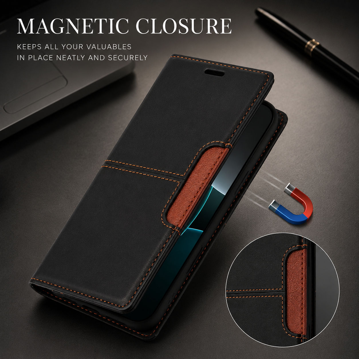 Premium iPhone Case Wallet Cover RFID Protection Card Holder Shockproof Protective Cover Magnetic Closure Anti Fingerprint Leather Design